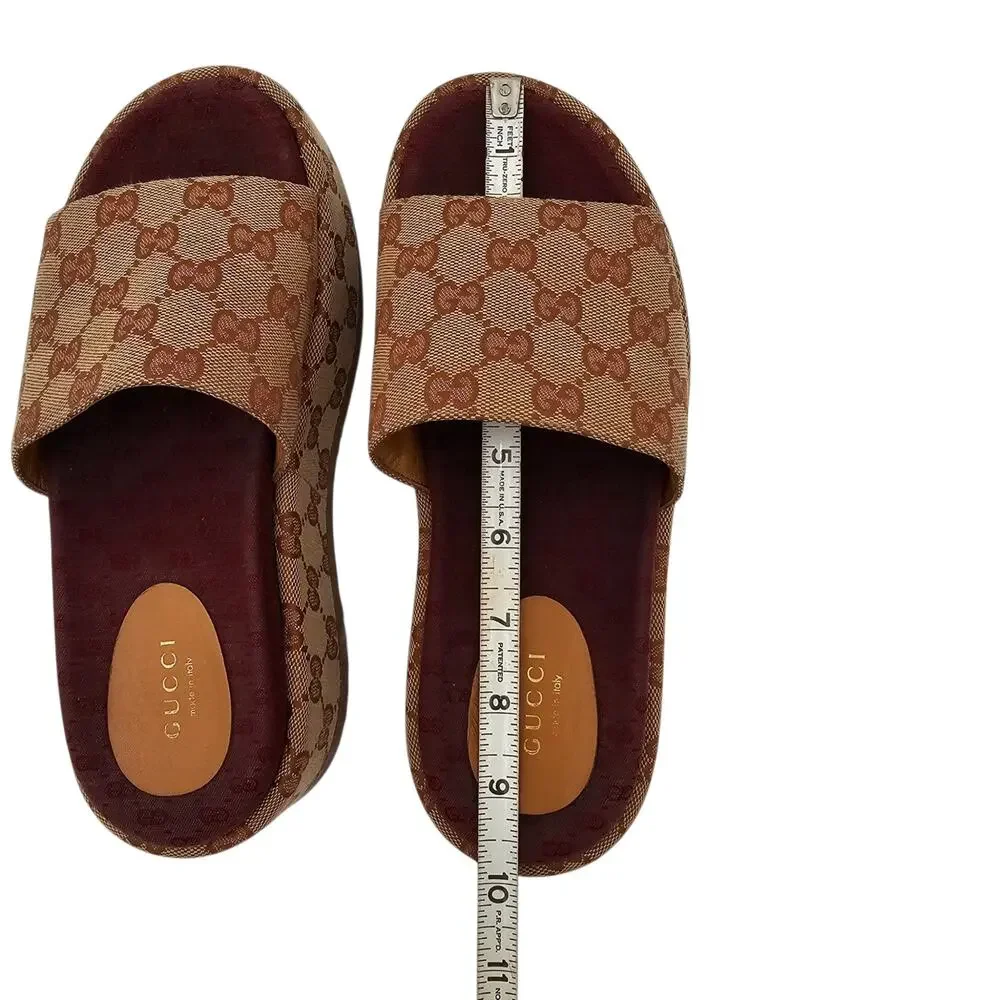 Gucci GG Monogram Angelina Platform Chunky Slide Sandal Size 37 US 7 Brown Beige